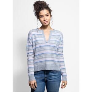 360 Cashmere Women's V-Neck Sweater - Gray and Blue Stripes